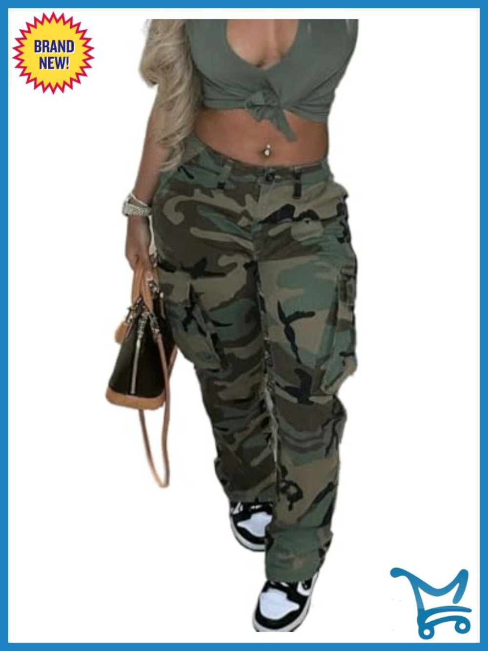 Womens Camo Cargo Pants Straight Leg Zipper Pockets Casual Hiking